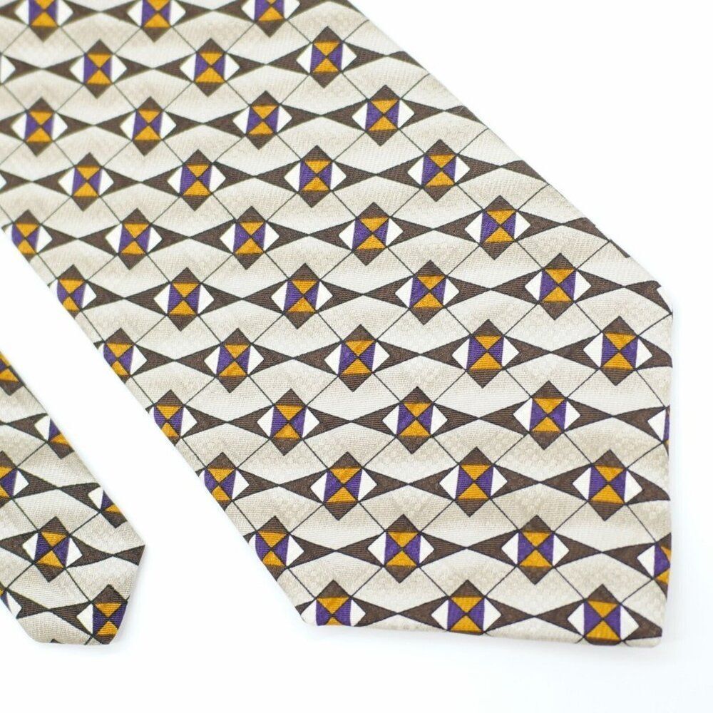 Pierre Balmain Gray Beige Geometric Abstract Jacquard Print Short Wide Silk Tie
